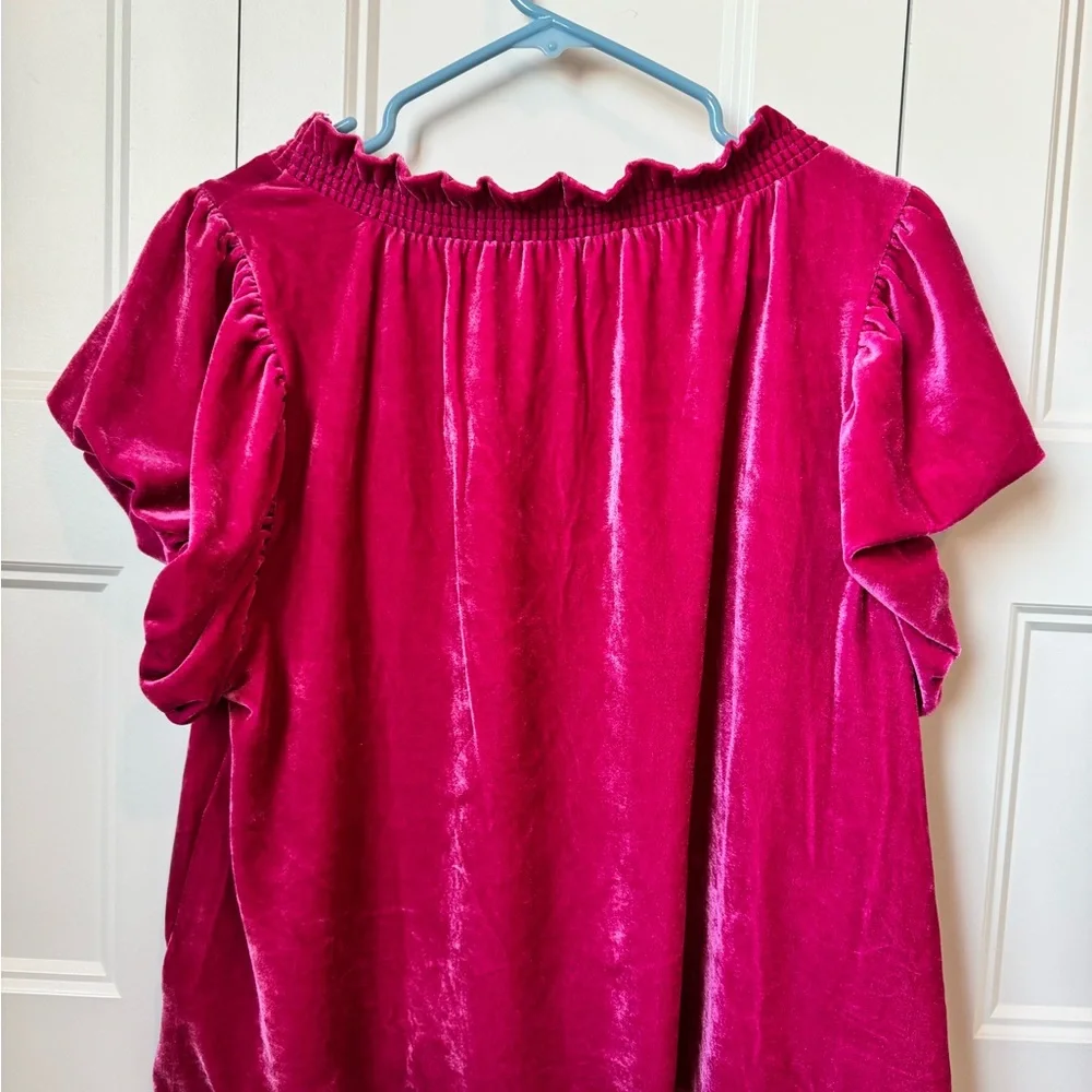 Free People Hot Pink Velvet Puff Sleeve Blouse